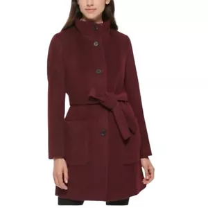 NWT $320 DKNY Women's Stand-Collar Button-Front Belted Coat Maroon Wool Blend L - Picture 1 of 11