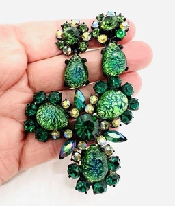 Broche y pendientes de vidrio laminado ojo de gato verde CLAUDETTE joyería vintage demi - Imagen 1 de 10