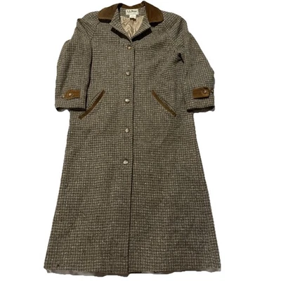 Vintage LL Bean Womens M Wool Tweed Houndstooth Trench Coat Brown Suede Leather - Image 1 of 4