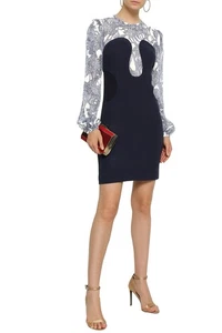 RRP€1576 ROBERTO CAVALLI Mini Dress IT40 US4 UK8 S Contrast Silk Long Sleeve - Picture 1 of 6