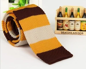 Men's Yellow Striped Knit Knitted Tie Necktie Narrow Slim Skinny Wove ZZLD315 - Picture 1 of 2