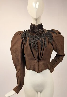VICTORIAN 1890’S WOOL BODICE W PUFF SLEEVES W VELVET + JET BEAD NECKLINE - Image 1 of 4
