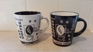 Mr Coffee Set 2 Ceramic Mugs Black/White Coffee Break Slotted Handles No Spoons - Picture 1 of 7