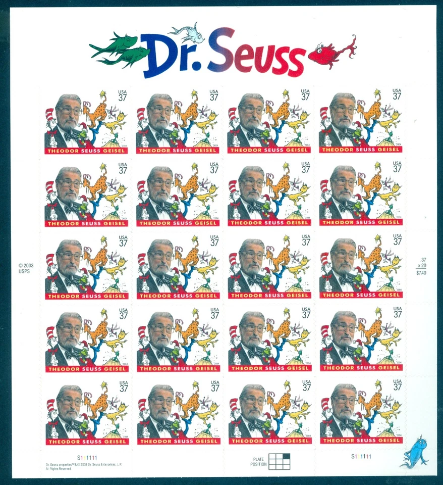 US 3835 Dr. Seuss, Theodore Seuss Geisel, Complete Sheet/20, MNH - Image 1 of 1