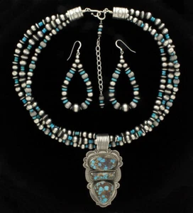 Bead Necklace And Matching Earrings With Natural Royston Turquoise Pendant - Picture 1 of 5