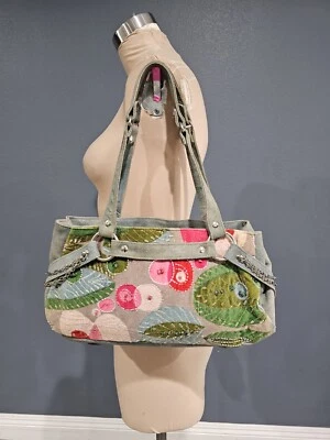 Vtg CHRISTIANA Distressed Mint Green Suede Velour Beaded Boho Satchel Purse - Image 1 of 4