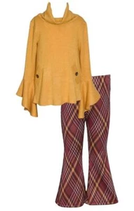 NEW Bonnie Jean Girls Size 14 "MUSTARD & PLUM PLAID" Sweater Flared Leg Pant Set - Picture 1 of 3