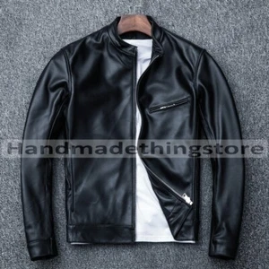 Men Black Slim Fit Bomber Vintage Motorcycle Black Biker Real Leather Jacket - Picture 1 of 6
