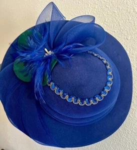 Royal Blue Feathers Broach Sequins Sunday Church Dress-up Hat NWOT - Picture 1 of 4