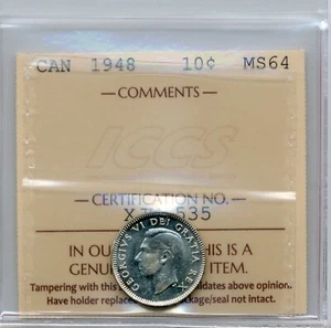 1948 Canada 10 Cents - Choice Uncirculated, ICCS MS 64 - Picture 1 of 3