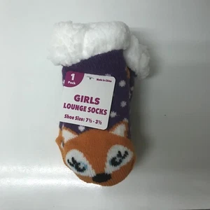 Fox Critter Girls Lounge Socks Fuzzy Nonslip Purple  7 1/2-3 1/2 1 Pair NWT - Picture 1 of 4