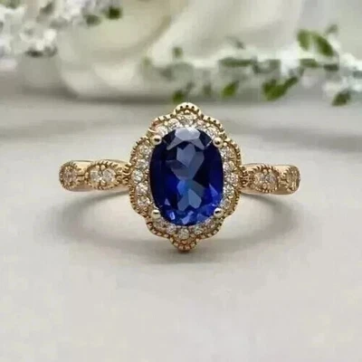 2.55 Ct Oval Cut Blue Sapphire Wedding Ring 14k Solid Yellow Gold - Image 1 of 4