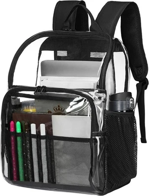 Mochila transparente 18", resistente, para escuela, trabajo, viaje, negra Foto 1 de 4
