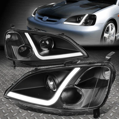 [LED DRL]FOR 01-03 HONDA CIVIC COUPE/SEDAN BLACK CLEAR PROJECTOR HEADLIGHT LAMPS - Image 1 of 4