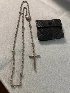 Vintage Rosary Metal Crucifix Silver toned textured Beads w/Pouch - Picture 1 of 15