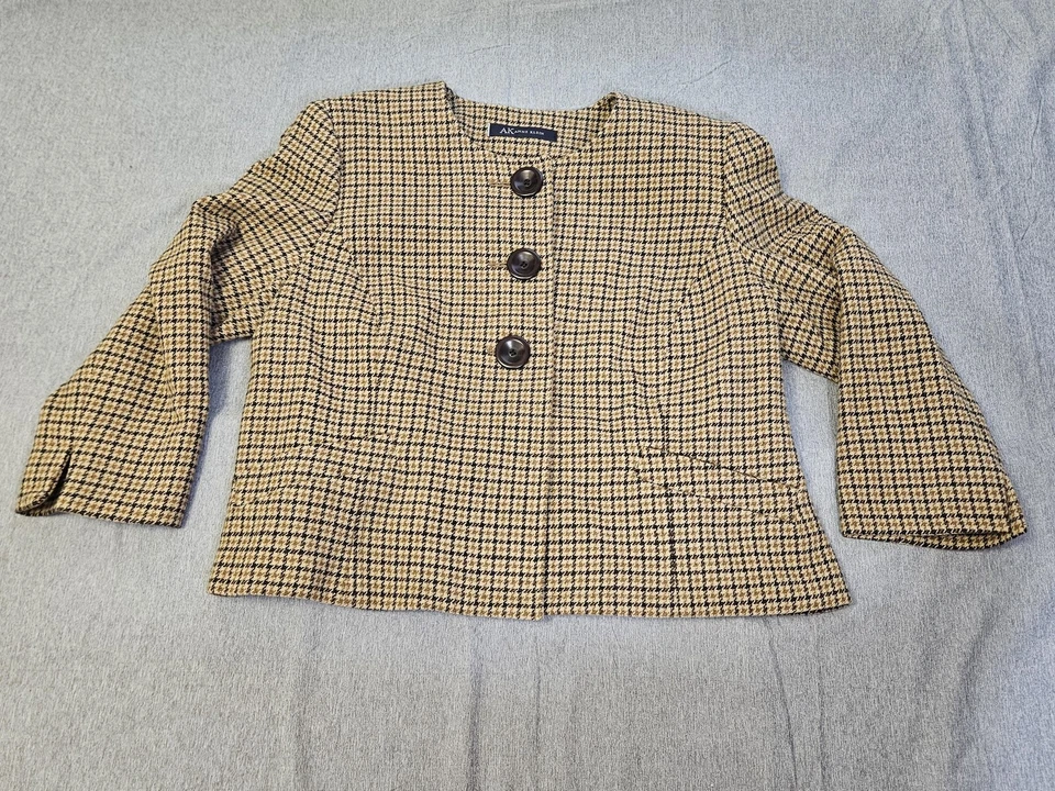 AK Anne Klein Jacket Womens Medium Brown Black Houndstooth Lambswool Collarless - Image 1 of 4