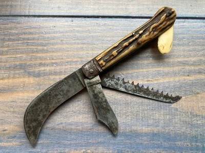 Ancien Couteau 32 DUMAS AINÉ BOIS DE CERF SERPETTE GREFFOIR VINTAGE KNIFE MESSER - Photo 1/4