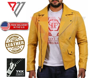 Mens Real Lambskin Soft Yellow Leather Classic Slim Fit Motorcycle Biker Jackets - Picture 1 of 3
