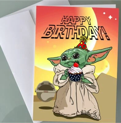 Baby Yoda Birthday Card - Star Wars Mandalorian, Funny Birthday Card Boys Fans - Image 1 of 3