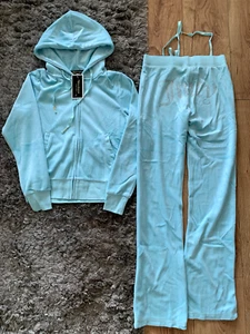 Juicy Couture Women BLUE Velour Tracksuit Set Jacket Sweatpants Bottom Size M - Picture 1 of 2