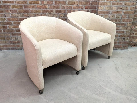 1970s Mid Century Modern Barrel Chairs VOGUE RATTAN Tub Chair Casters postmodern Cover