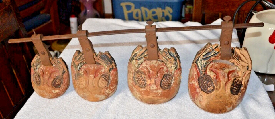 set of 4 Vintage Japanese TEMPLE wooden dragon fish BELLS - Mokugyo - Image 1 of 4