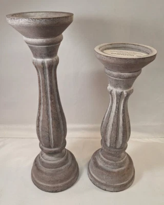Two Lightweight Faux Wood Pillar Candle Holders - Image 1 of 4
