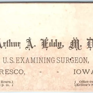 Tarjeta de visita c1870s Cresco, IA Arthur A Eddy MD EE. UU. Cirujano examinador grueso C42 - Imagen 1 de 4