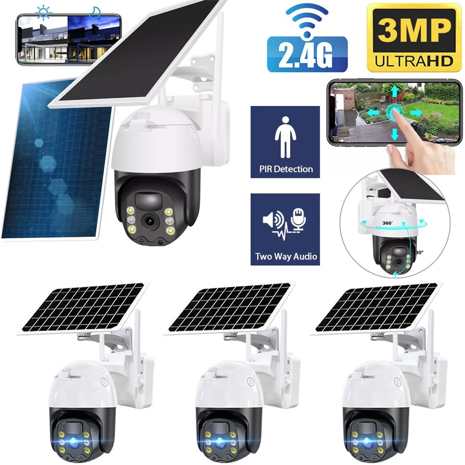 WiFi6 Solar Battery Powered Wireless Security Camera Sys Outdoor 3MP PTZ 4 PACK - Image 1 of 4