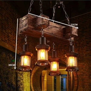 Rustic Wood Chandelier 4 Light Industrial Pendant Lamp Hanging Fixtures E26 - Picture 1 of 8