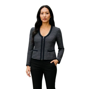 Tuta J Crew a righe tweed zip tasca giacca nero grigio cappotto lana taglia 0 - Foto 1 di 7