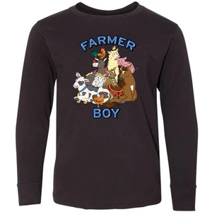 Inktastic Farmer Boy With Happy Farm Animals Youth Long Sleeve T-Shirt Cute Cow - Picture 1 of 3