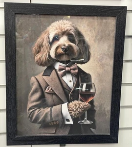 Black framed Cocka Poo dog in a brown suit Glass of wine picture quirky wall art - Picture 1 of 14