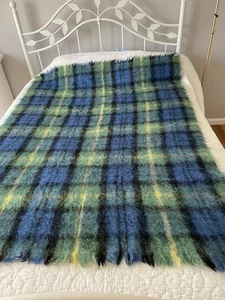 Hudson Bay Blanket Mohair Made In Scotland Blue Green Plaid Tartan 50" x 70" Vnt - Picture 1 of 6