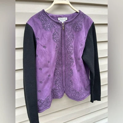 Coldwater Creek talla PXL ciruela bordada imitación gamuza suéter manga punto chaqueta Foto 1 de 4