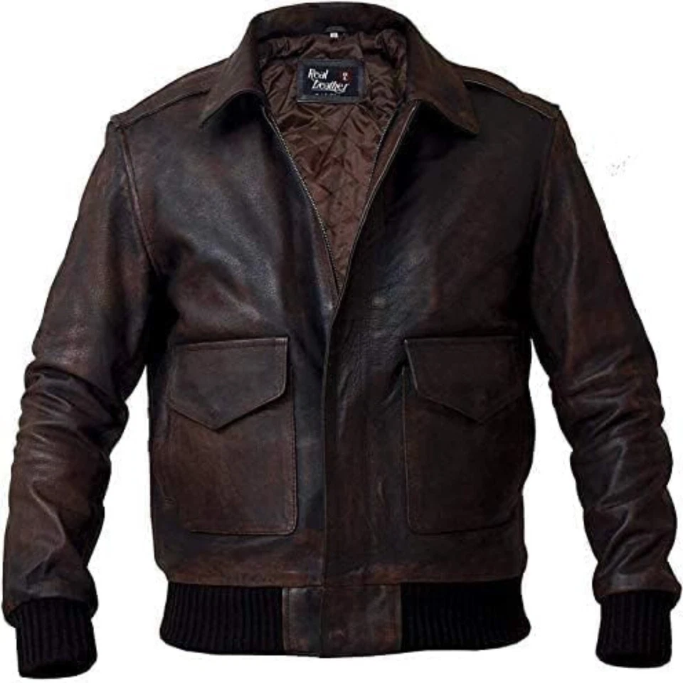 Chaqueta de cuero para hombre Air Force Flight Navy Distressed Bomber Aviator A-2 Foto 1 de 3