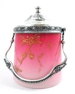 PEACHBLOW cracker BISCUIT JAR - Antique NEW ENGLAND GLASS - Gold Enamel decor - Picture 1 of 7