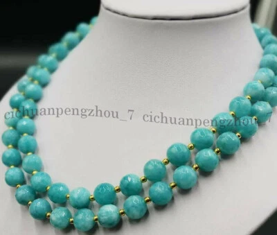 Collar de cuentas redondas de piedras preciosas aguamarina azul facetadas de 2 filas de 6/8/10/12 mm 18-19"" Foto 1 de 4