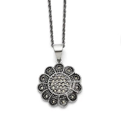 Chisel Stainless Steel Textured Flower Marcasite Necklace 20" - Image 1 of 2