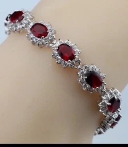 Red Garnet White Topaz Tennis Gemstone Bracelet Bangle 925 Sterling Silver 7" - Picture 1 of 12