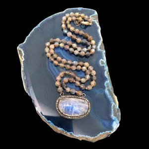 Collana Pietra di Luna Arcobaleno Polki Diamante & Perline Labradorite Argento 925 - Foto 1 di 10
