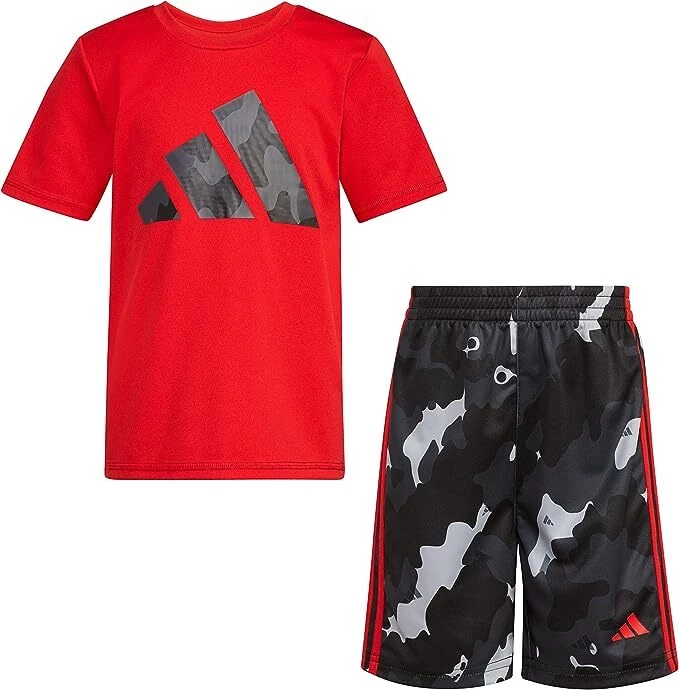 Adidas Conjunto de 2 Piezas Camiseta y Pantalones Cortos Niños Pequeños Rojo Azul Negro Talla 4, 5, 6, 7 Foto 1 de 1