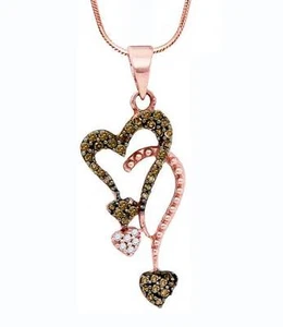 Chocolate Brown Diamond Heart Pendant 10K Rose Gold Dual Heart .20ct - Picture 1 of 3