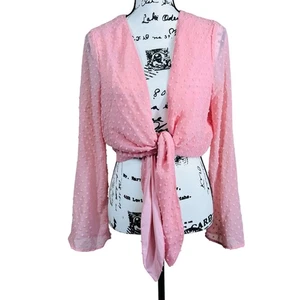 BCBGeneration pink swiss dot Open Front Long Sleeve Front Tie Crop Top Blouse S - Picture 1 of 13