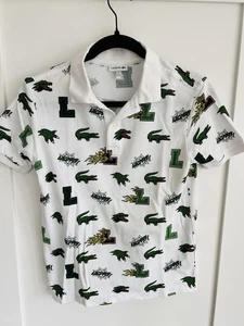 LACOSTE Boys Blue Signature Print Short Sleeve Pullover Casual Polo Shirt 10 - Picture 1 of 9