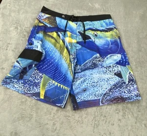 Guy Harvey By Aftco Board Shorts Mens 38 Blue Tuna Pattern Swimwear Lace-Up - Picture 1 of 8