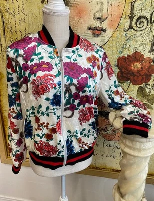 Colleen Lopez Floral Snake Printed Velvet Bomber Jacket Ivory M Medium New - Image 1 of 4