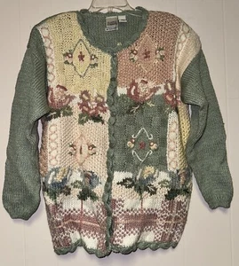 Vintage Hand Knit Sweater Floral Square Cardigan Granny Core Cottage Core L NWT - Picture 1 of 12