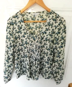 East Size 10 White Blue Green Ditsy Floral Button Up Shirt Blouse Top Made India - Picture 1 of 8
