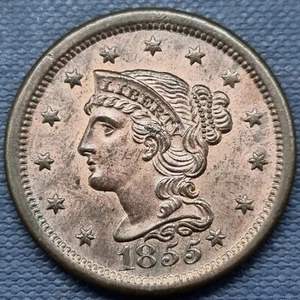 1855 Braided Hair Large Cent 1c Knob on Ear High Choice Red Brown BU UNC #63716 - Picture 1 of 2